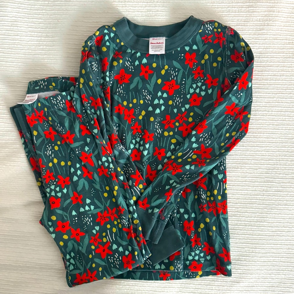 Hanna Andersson Holiday Long John Pajama Set Holiday Flower Print Size 6-7